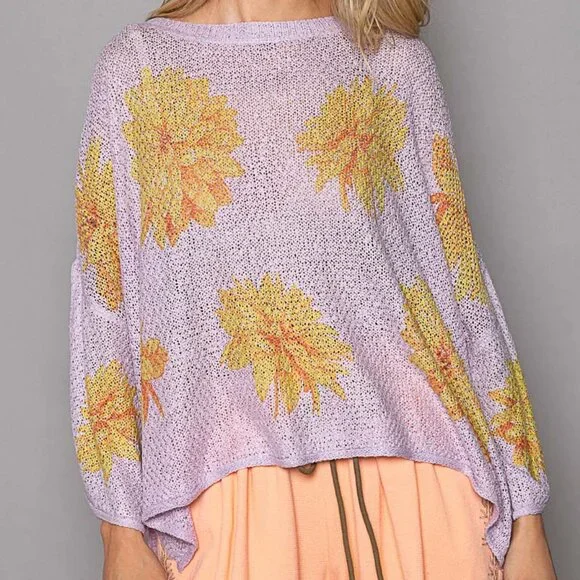 POL LILAC Round Neck Flower Print Solid Light Weight Sweater Top - Picture 5 of 5